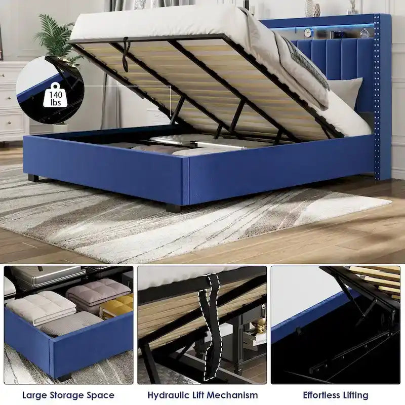 Lit queen size avec coffre à relevage par vérins à gaz, éclairage LED RF et tête de lit avec rangements, velours queen size