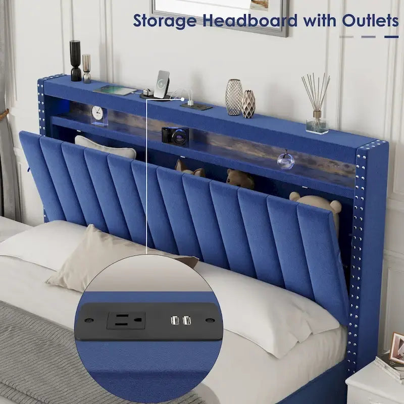 Lit queen size avec coffre à relevage par vérins à gaz, éclairage LED RF et tête de lit avec rangements, velours queen size