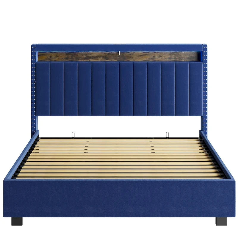 Lit queen size avec coffre à relevage par vérins à gaz, éclairage LED RF et tête de lit avec rangements, velours queen size