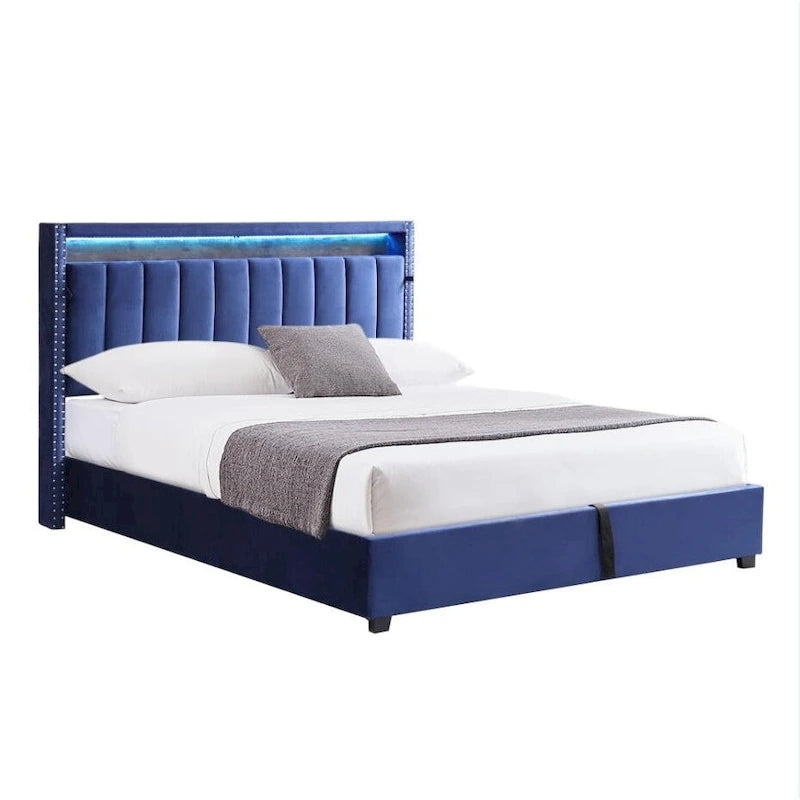 Lit queen size avec coffre à relevage par vérins à gaz, éclairage LED RF et tête de lit avec rangements, velours queen size