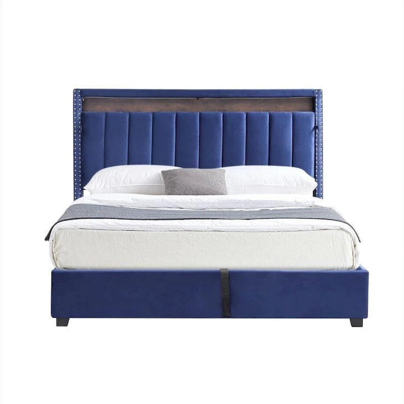Lit queen size avec coffre à relevage par vérins à gaz, éclairage LED RF et tête de lit avec rangements, velours queen size