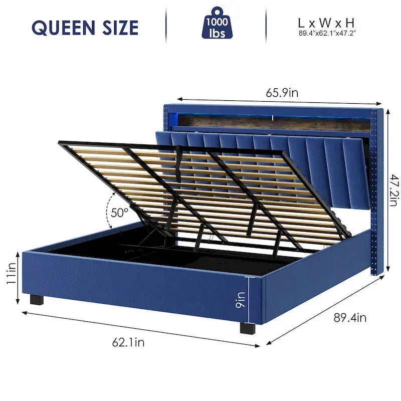 Lit queen size avec coffre à relevage par vérins à gaz, éclairage LED RF et tête de lit avec rangements, velours queen size