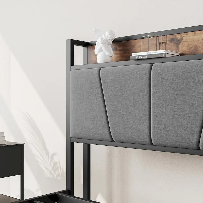 Cadre de lit double, tête de lit avec station de recharge, sans sommier à ressorts requis, marron et gris vintage