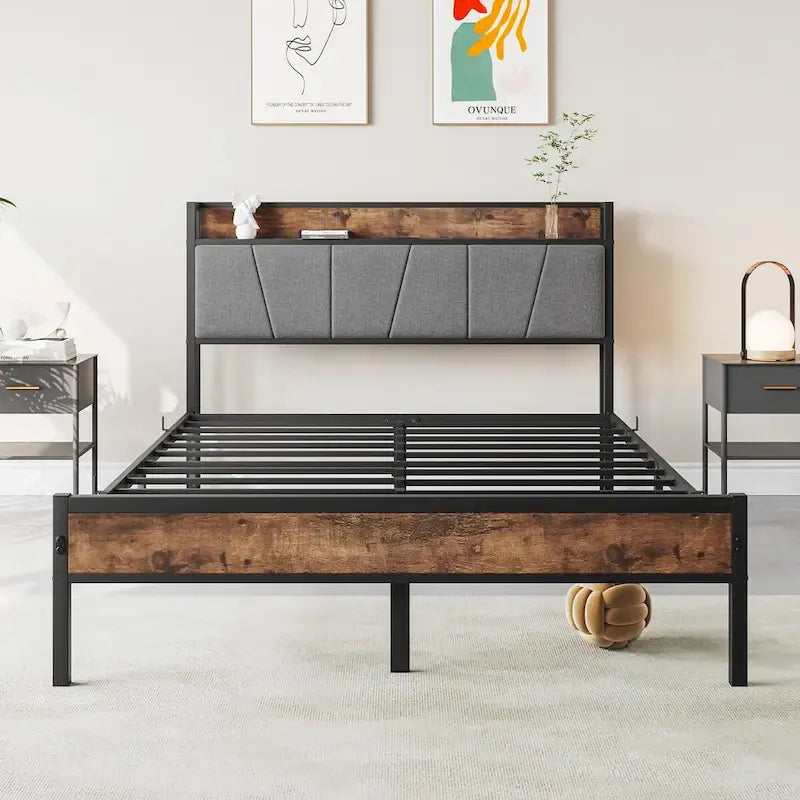 Cadre de lit double, tête de lit avec station de recharge, sans sommier à ressorts requis, marron et gris vintage
