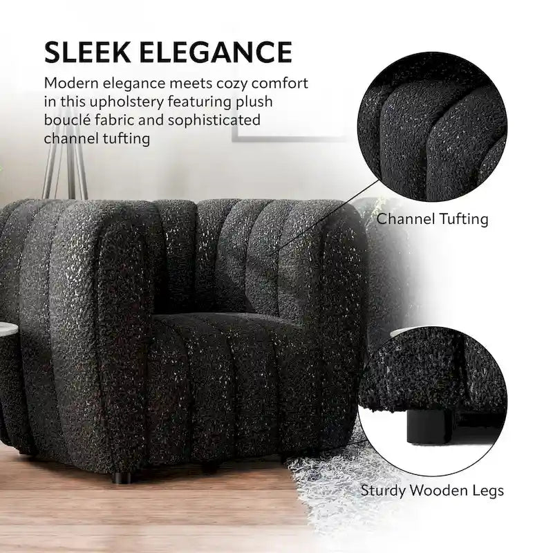 Canapé d'appoint moderne en bouclé à capitonnage vertical, avec pieds en bois