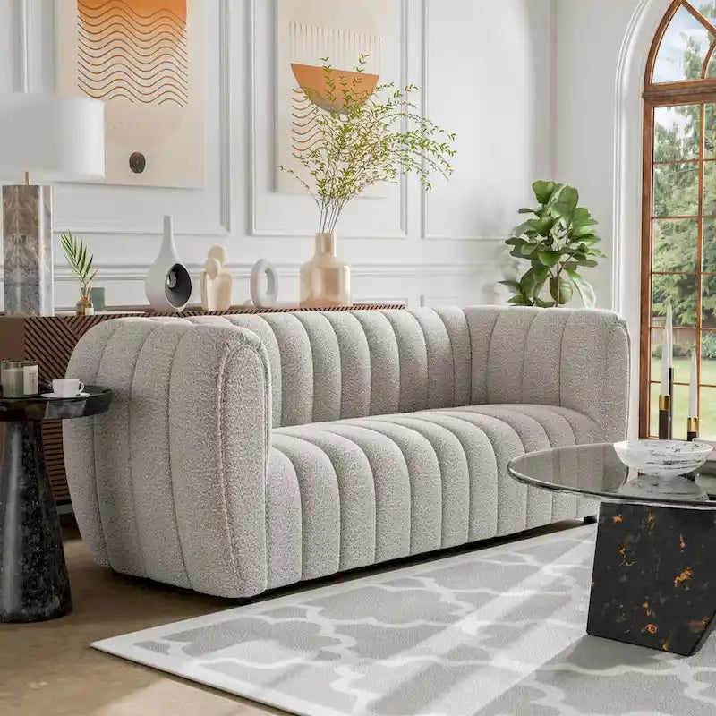 Modern Vertical Channel Tufted Boucle Accent Sofa Couch with Wooden Legs