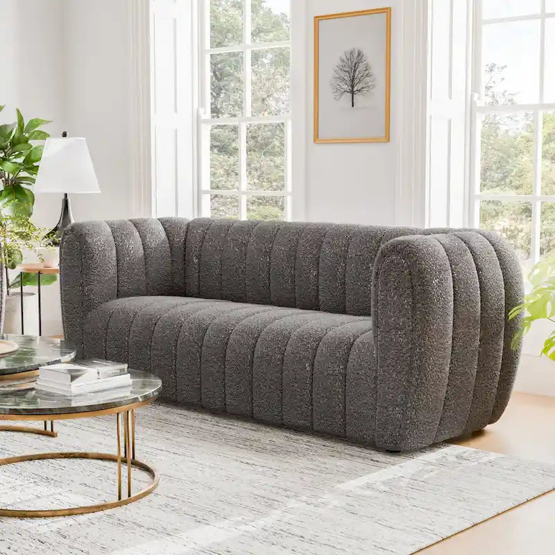 Modern Vertical Channel Tufted Boucle Accent Sofa Couch with Wooden Legs