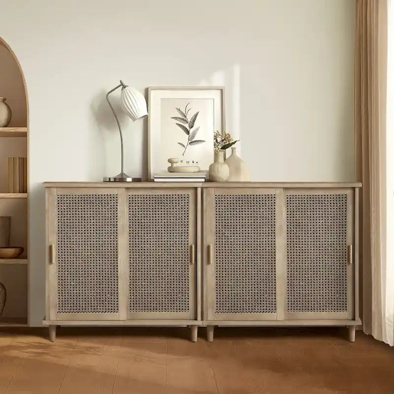 Buffet meuble de rangement en rotin et canne naturel (lot de 2)