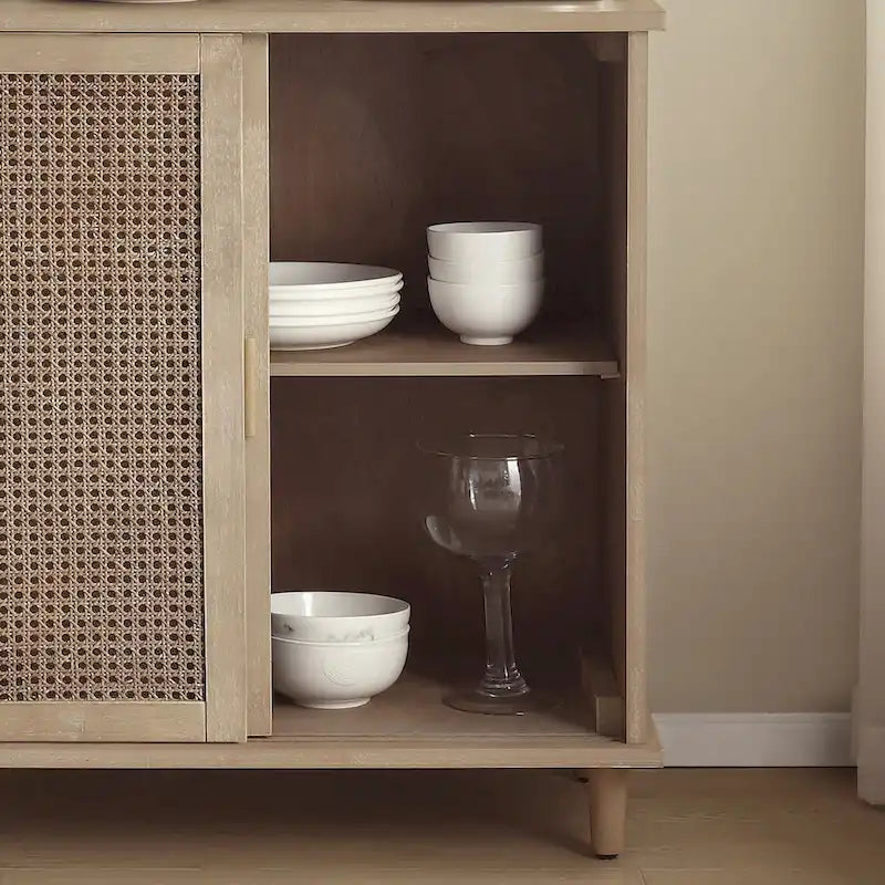 Buffet meuble de rangement en rotin et canne naturel (lot de 2)