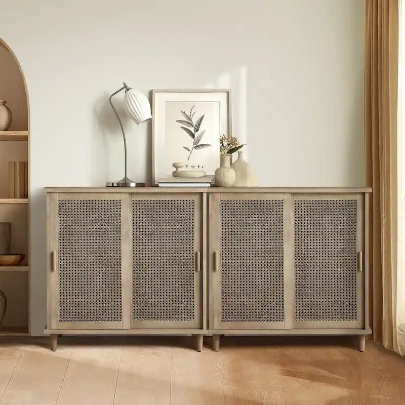 Natural Cane Rattan Sideboard Buffet Storage Cabinet (Set of 2)