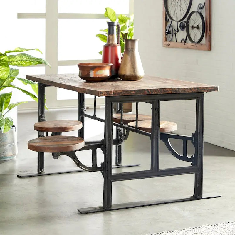 Table à manger en bois de teck avec sièges intégrés - marron