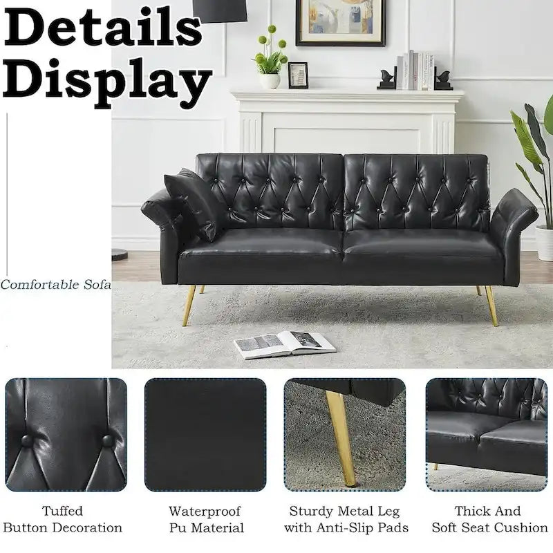 Canapé-lit, canapé pliable en simili cuir, causeuse convertible avec fonction couchage et méridienne, accoudoirs réglables pour petits espaces
