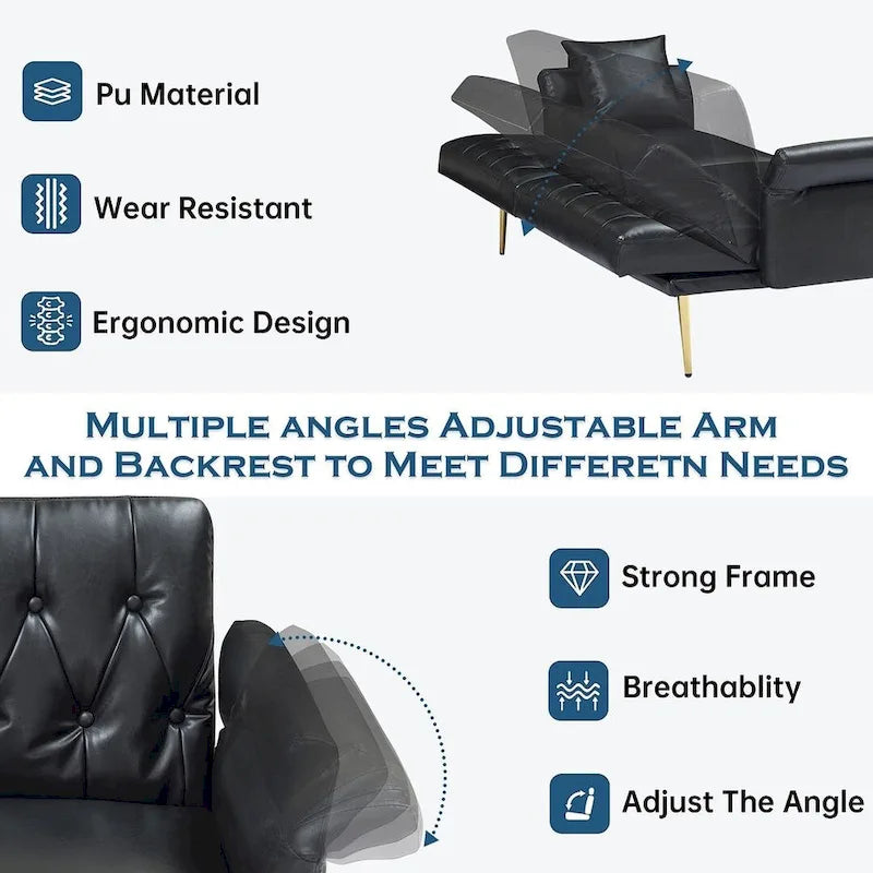 Canapé-lit, canapé pliable en simili cuir, causeuse convertible avec fonction couchage et méridienne, accoudoirs réglables pour petits espaces