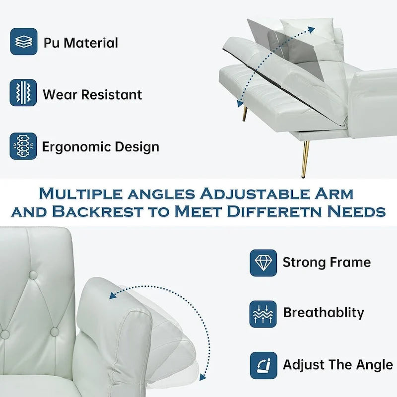 Canapé-lit, canapé pliable en simili cuir, causeuse convertible avec fonction couchage et méridienne, accoudoirs réglables pour petits espaces