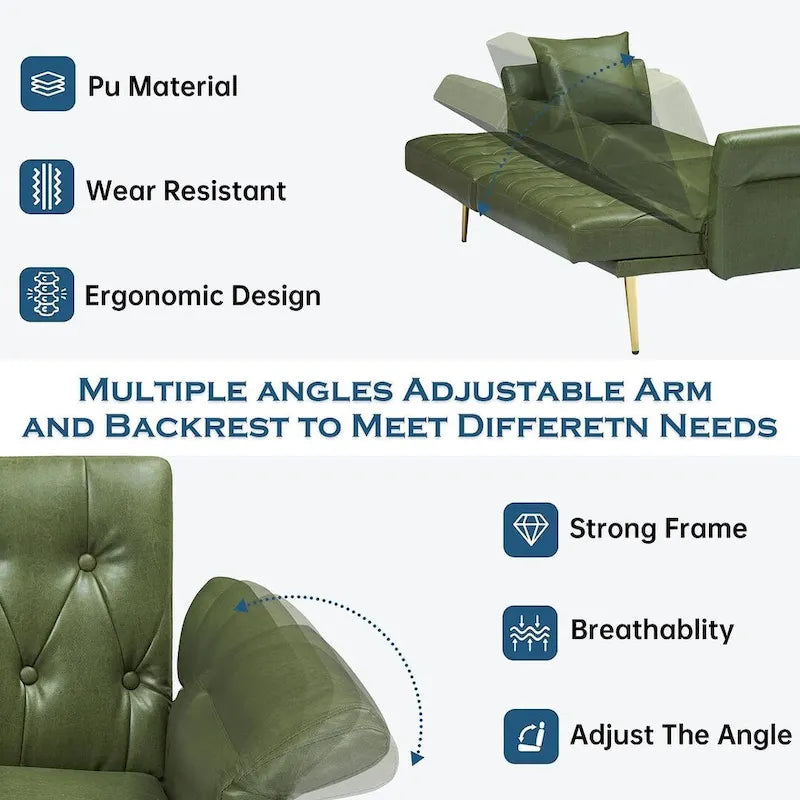 Canapé-lit, canapé pliable en simili cuir, causeuse convertible avec fonction couchage et méridienne, accoudoirs réglables pour petits espaces