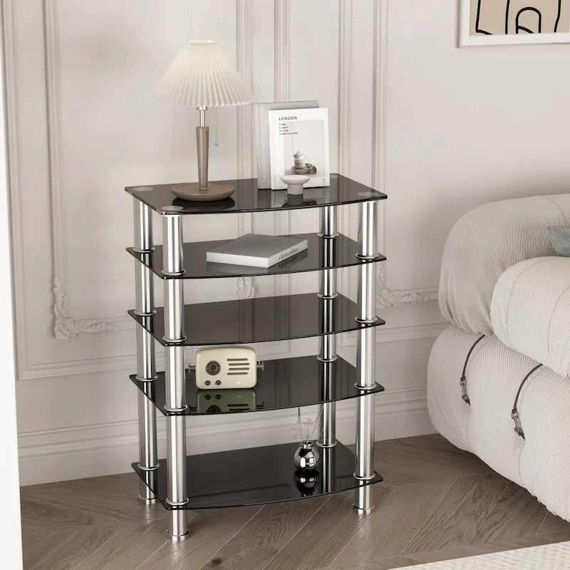 Table d'appoint à 5 niveaux en verre trempé avec structure en acier inoxydable, table de bout pour salon ou chambre, noire
