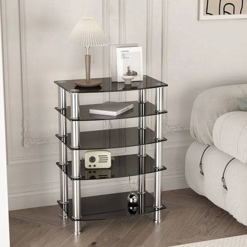 Table d'appoint à 5 niveaux en verre trempé avec structure en acier inoxydable, table de bout pour salon ou chambre, noire