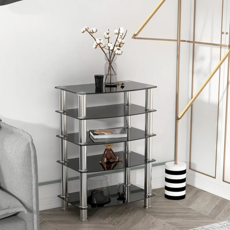 Table d'appoint à 5 niveaux en verre trempé avec structure en acier inoxydable, table de bout pour salon ou chambre, noire