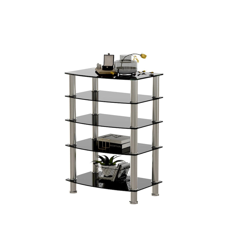 Table d'appoint à 5 niveaux en verre trempé avec structure en acier inoxydable, table de bout pour salon ou chambre, noire