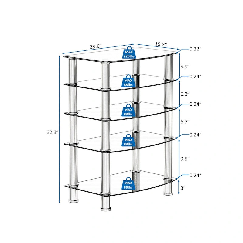 Table d'appoint à 5 niveaux en verre trempé avec structure en acier inoxydable, table de bout pour salon ou chambre, noire