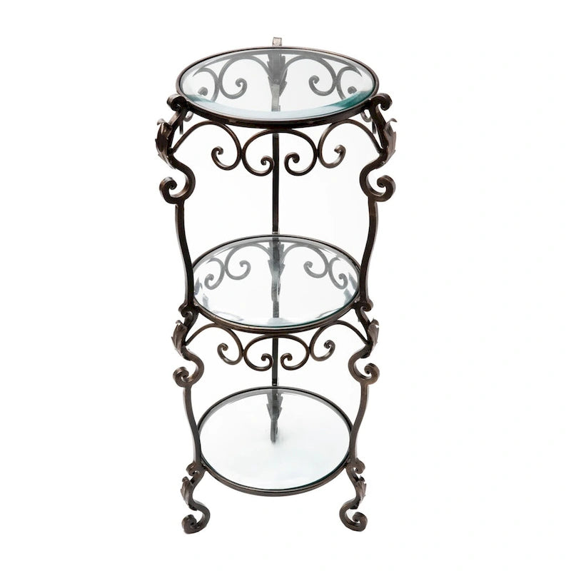 3 Tier Bronze Iron Acanthus Leaf Table with Beveled Glass - 12.5x12.5x34
