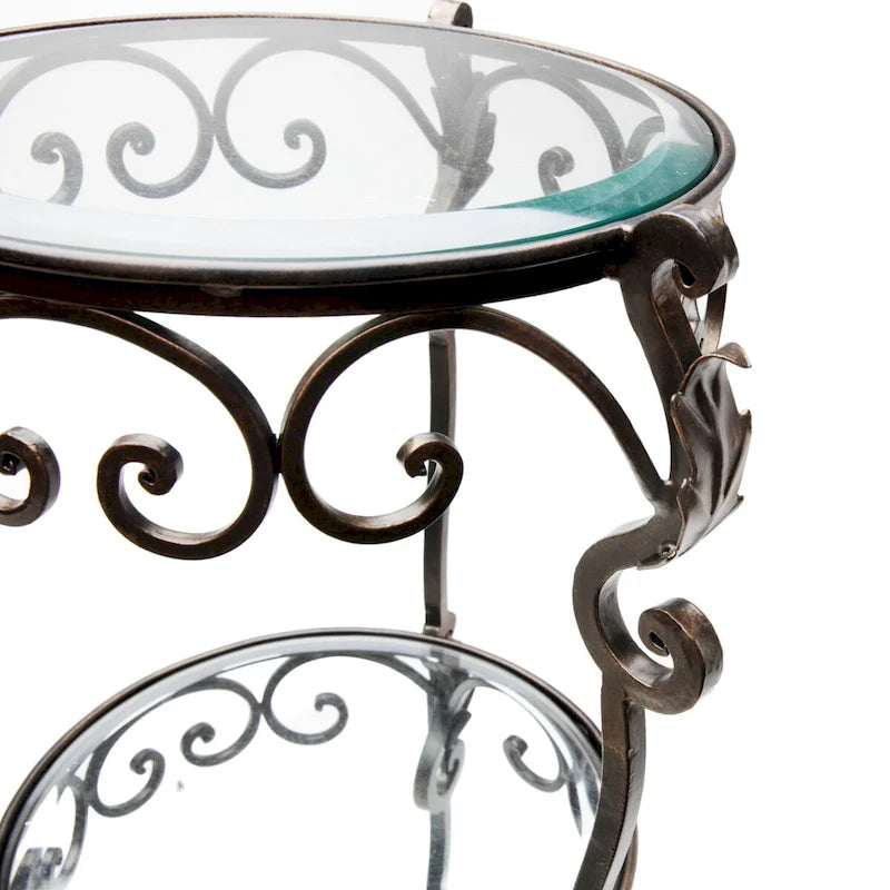 Table d'appoint à 3 niveaux en fer bronze avec feuilles d'acanthe et verre biseauté - 12.5x12.5x34