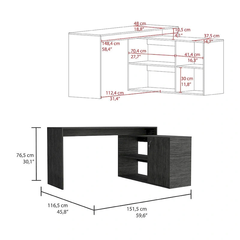 L-vormig bureau voor kantoor, woonkamer, appartement, Smokey Oak