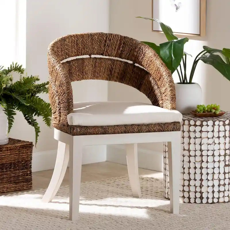 Bohemian Natural Seagrass and Mahogany Wood Dining Chair